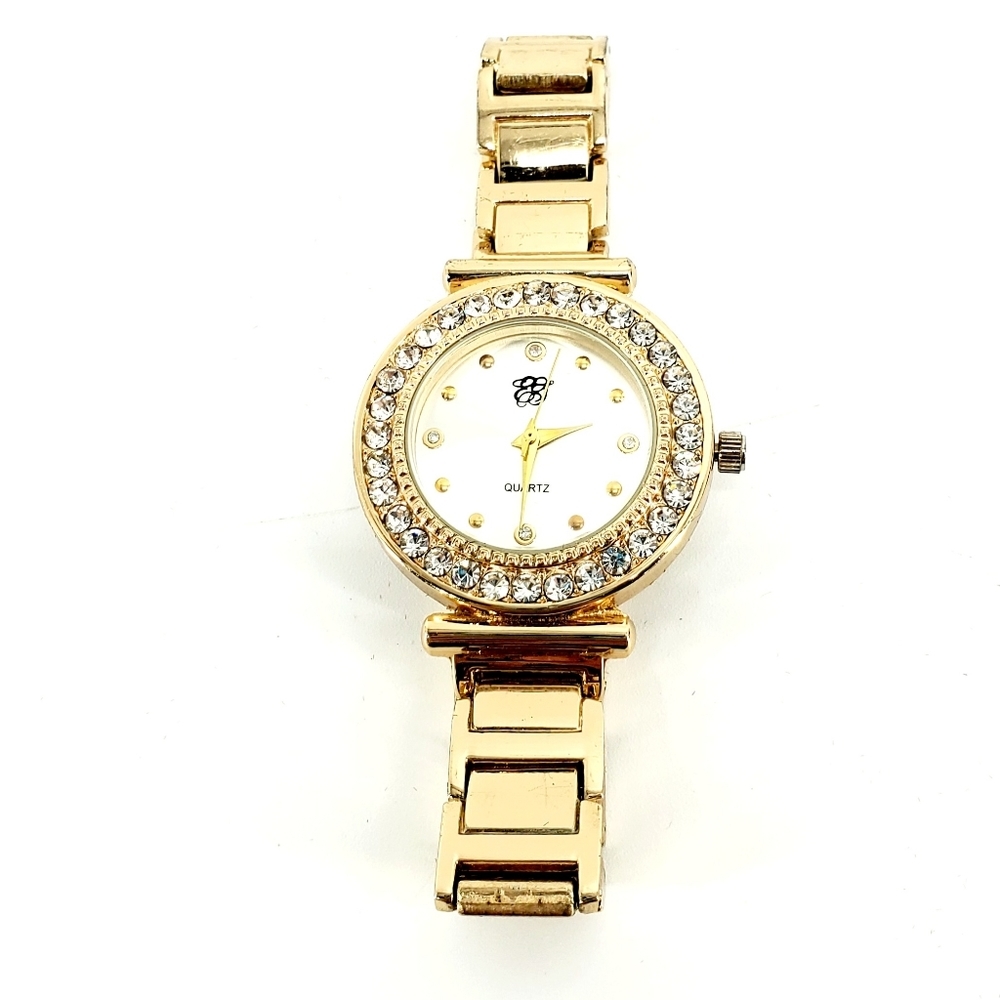 Elizabeth Taylor Quartz White Diamond Gold Tone Round Face Rhinestone Watch
